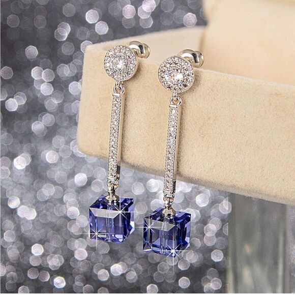 .925 Sterling Silver with Purple Tanzanite Austrian Crystal Dangle Cube Earrings - Picture 2 of 6